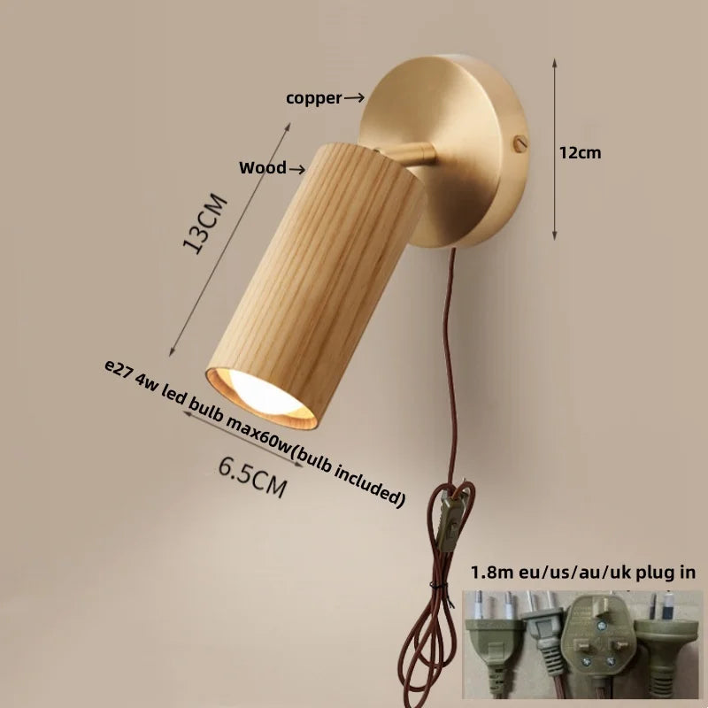 Afralia™ Wood Nordic LED Wall Light - Modern Copper Canopy Bedside Lamp