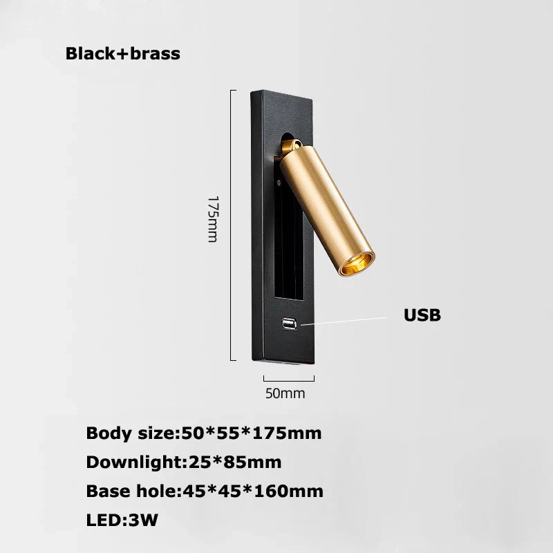Afralia™ LED Wall Lamp with Switch, USB Port, Rotatable - Bedroom Reading Light