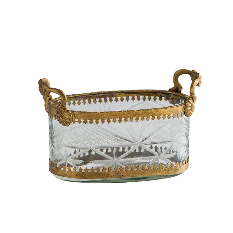 Afralia™ Brass & Carved Glass Jewelry Makeup Pen Storage Box Dry Fruit Snack Plate