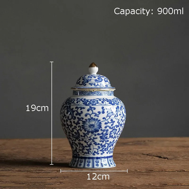 Afralia™ Blue & White Porcelain Jar with Gold Plating - Ceramic Storage & Desk Decor