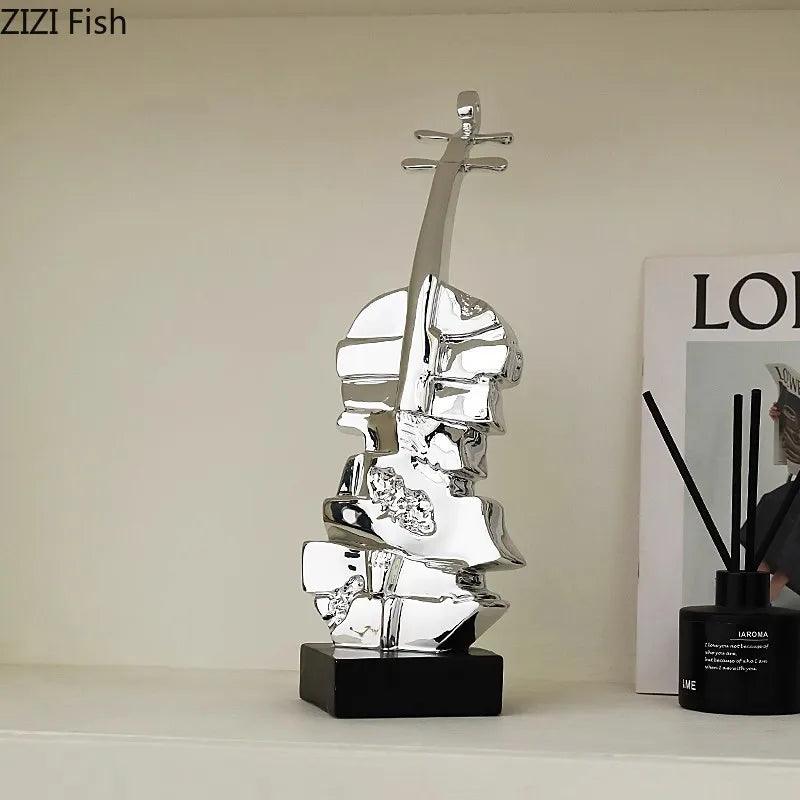 Afralia™ Golden Violin Sculpture Resin Art Ornament Stack Violin Statue Decor
