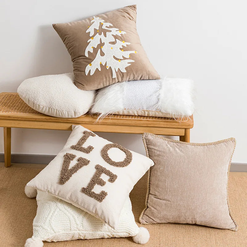 Afralia™ Tufted Embroidered Nordic Christmas Cushion Cover Set with Festive Beige White Design