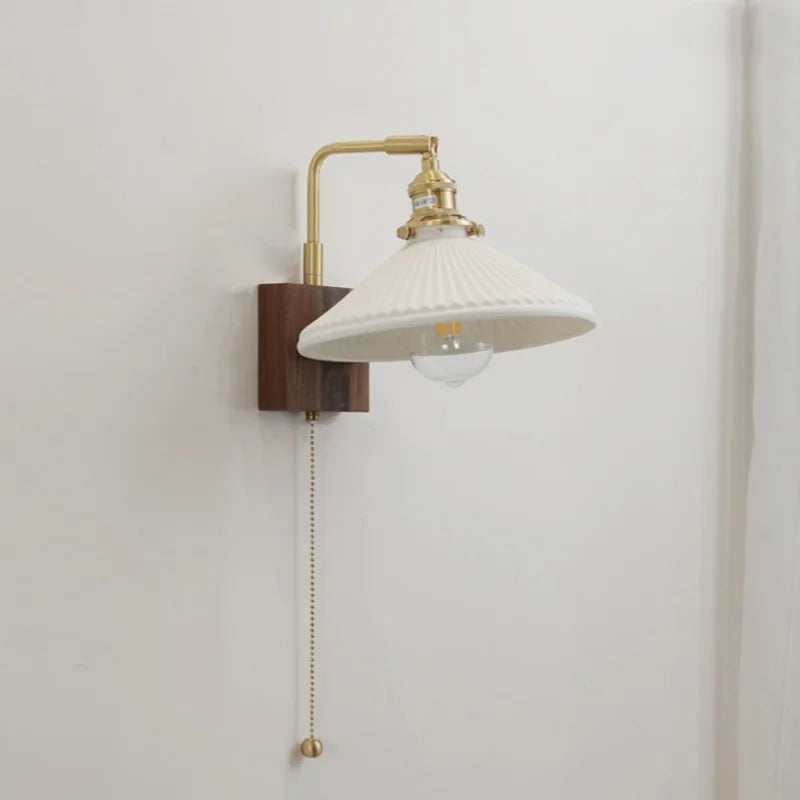 Afralia™ Walnut Ceramic LED Wall Lamp Pull Chain Switch - Modern Bathroom Mirror Light
