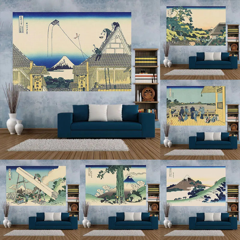 Afralia™ Ukiyo-E Kanagawa Landscape Tapestry: Japanese Scenery Wall Hanging for Aesthetic Home Decor