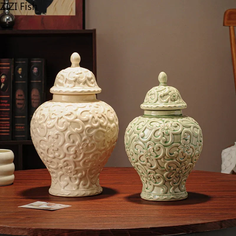 Afralia™ Flower Relief Ceramic Vase General Jar for Table Decoration and Floral Arrangement