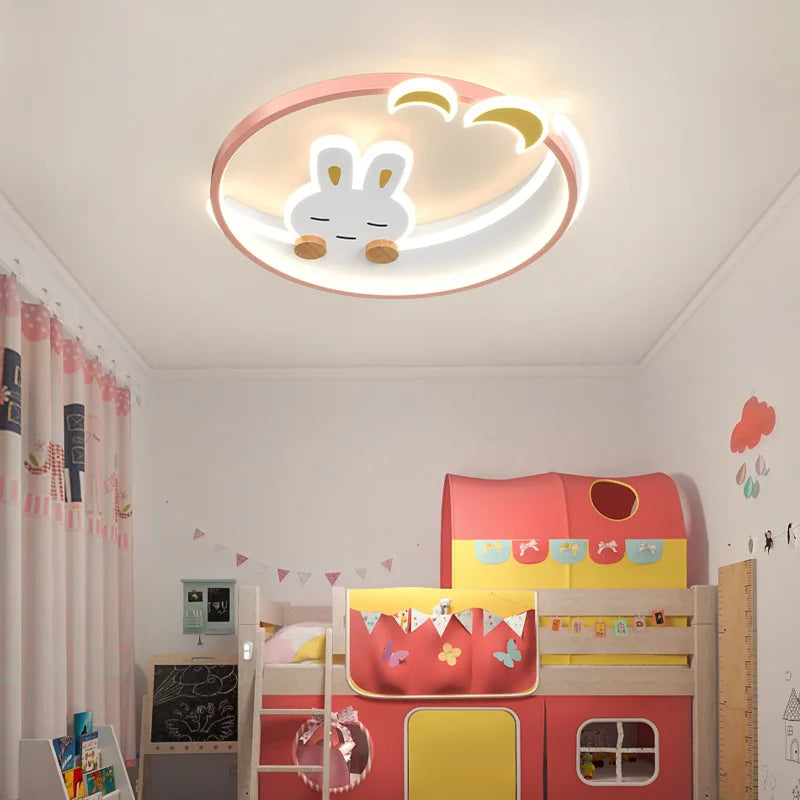 Afralia™ Kids Crescent Moon Rabbit Ceiling Chandelier LED Bedroom Light