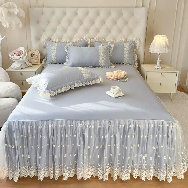 Afralia™ Cotton Lace Princess Bed Sheet Set with Solid Color Bedspread