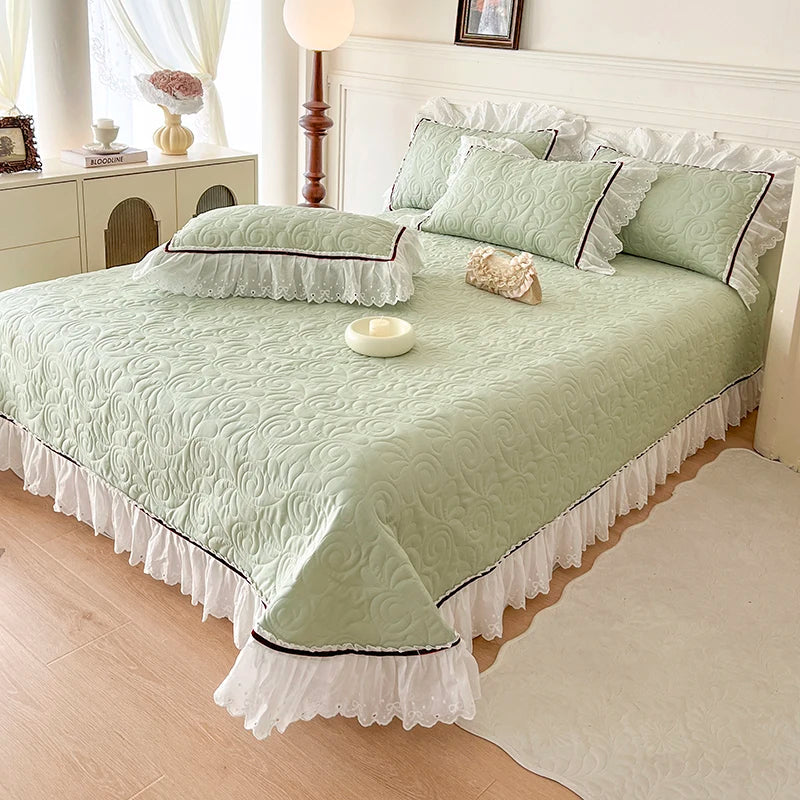 Afralia™ Princess Style Cotton Quilted Bedspread Set with Lace Edge & Pillowcase
