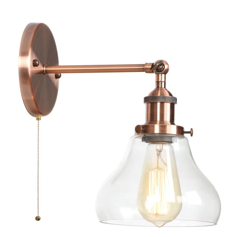 Afralia™ Red Bronze LED Wall Lamp with Pull Chain Switch and Clear Glass