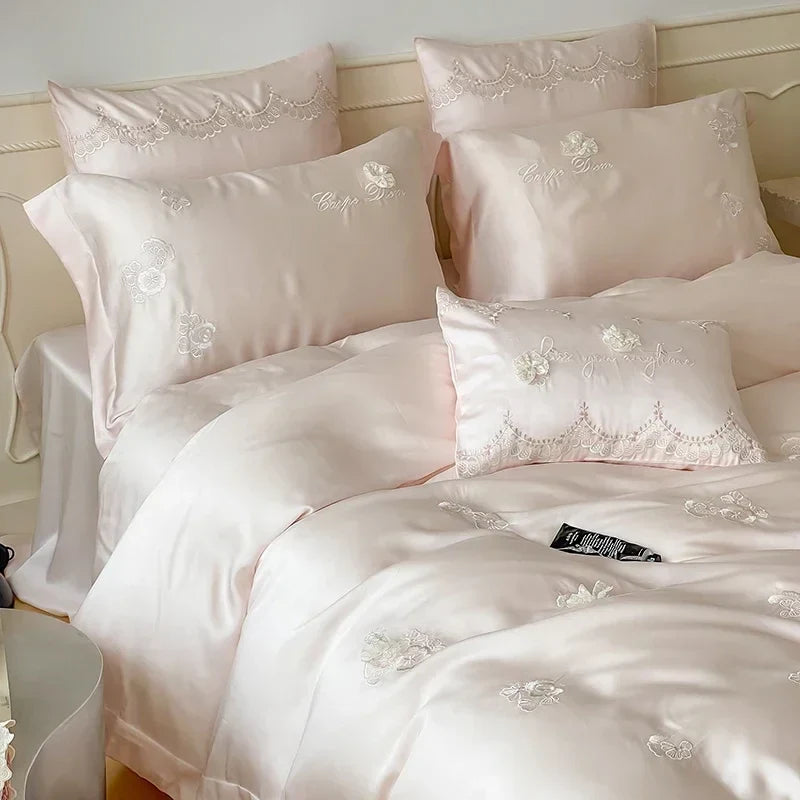 Afralia™ Pink Flower Embroidered Lyocell Bedding Set - High-end Duvet Cover Set