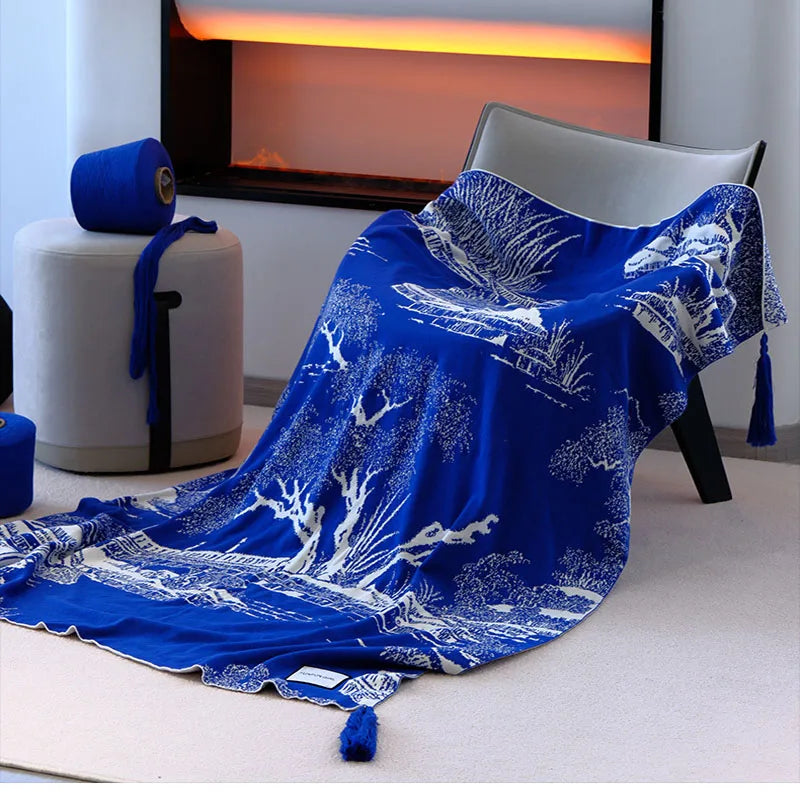 Afralia™ Blue Knitted Sofa Blanket for All Seasons at Home