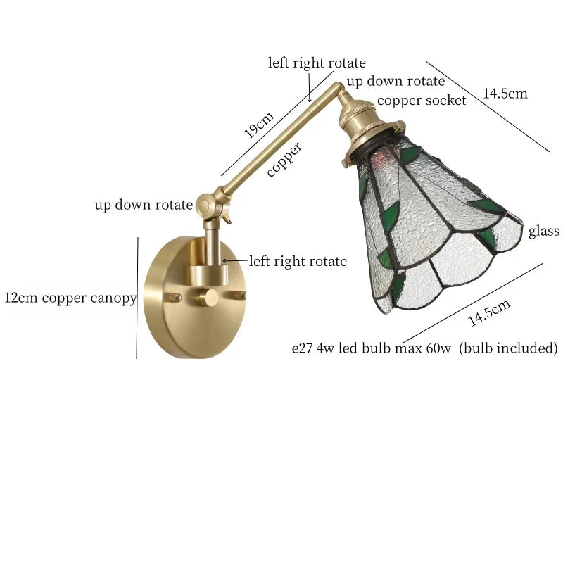 Afralia™ Vintage Brass Glass LED Wall Light with Pull Chain, Left Right Rotate Mirror Design