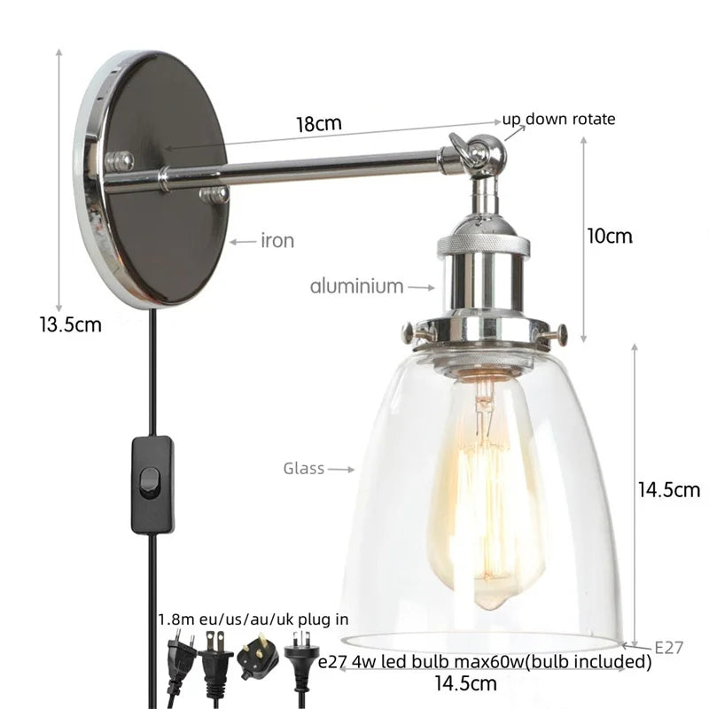 Afralia™ Vintage Single Arm LED Wall Lamp Iron Glass Retro Stair Light