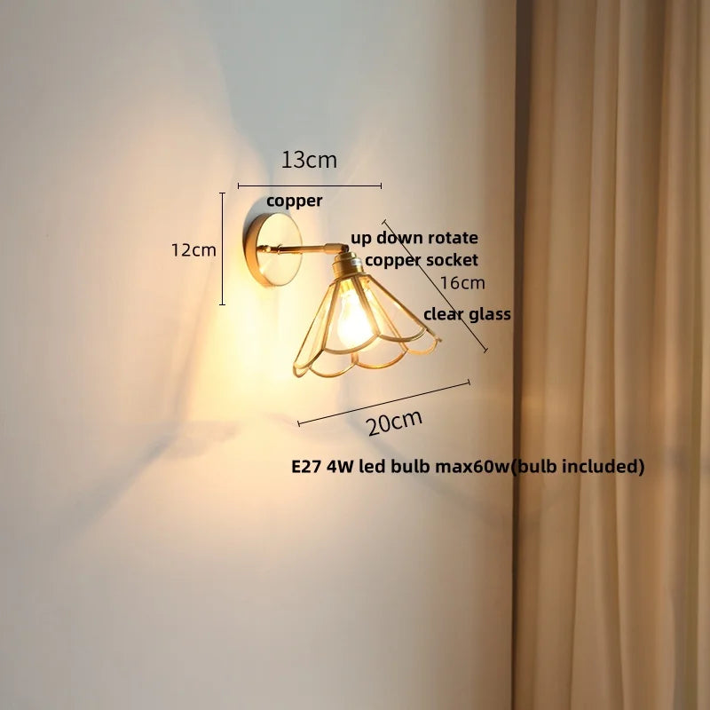 Afralia™ Copper LED Wall Lights Clear Glass Switch Bedside Lamp Nordic Modern