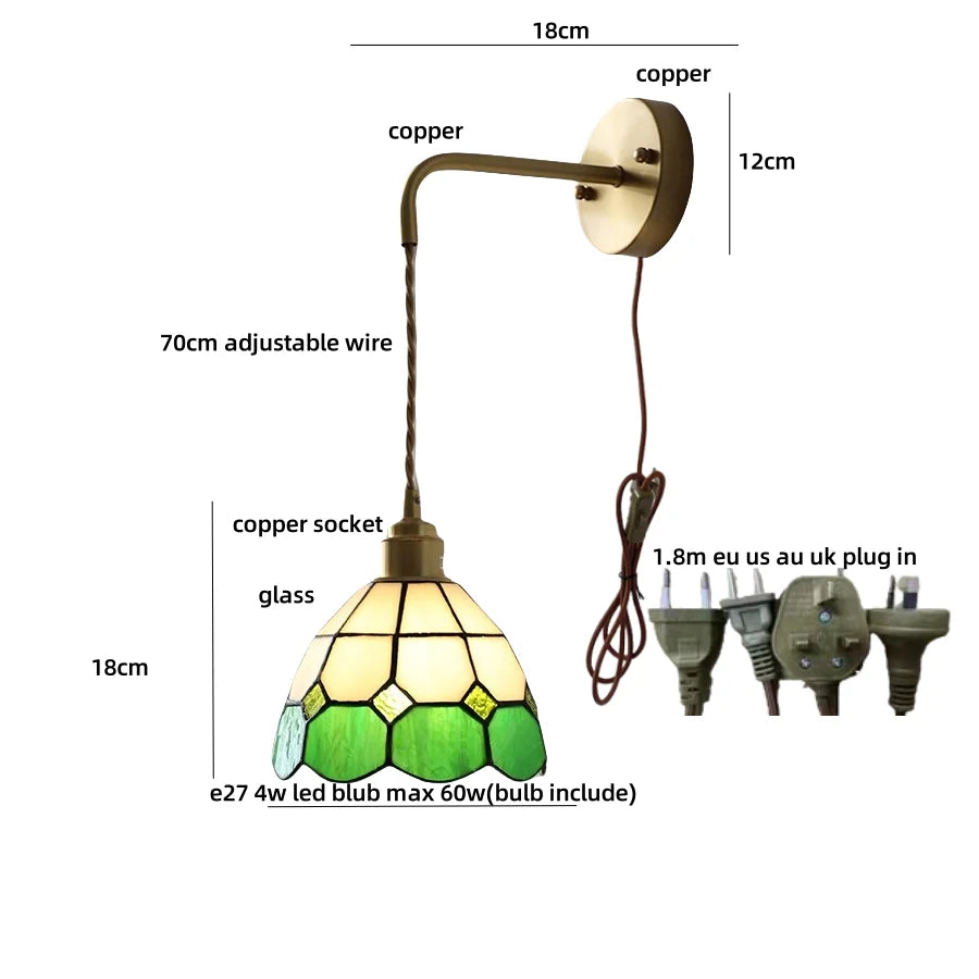 Afralia™ Tiffany Glass LED Wall Sconce | Adjustable Wire Fixture | Modern Pull Chain Switch