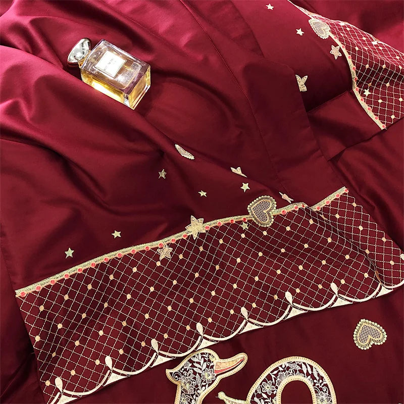 Afralia™ Gold Swan Love Wedding Bedding Set, Egyptian Cotton, 1000TC, 4 or 6Pcs