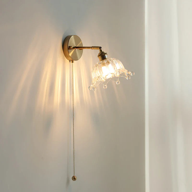Afralia™ Nordic Modern LED Wall Lights Glass Bedside Lamp Brass Pull Chain Switch