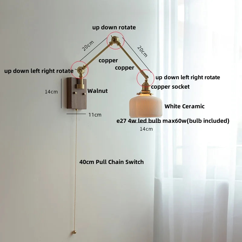 Afralia™ Rotatable 2 Swing Arms LED Wall Lamps, Walnut Wood Nordic Modern Ceramic Stair Light