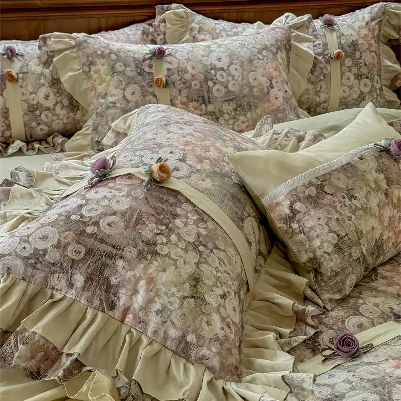 Afralia™ Vintage French Flowers Lace Ruffles Bedding Set with Egyptian Cotton Quality