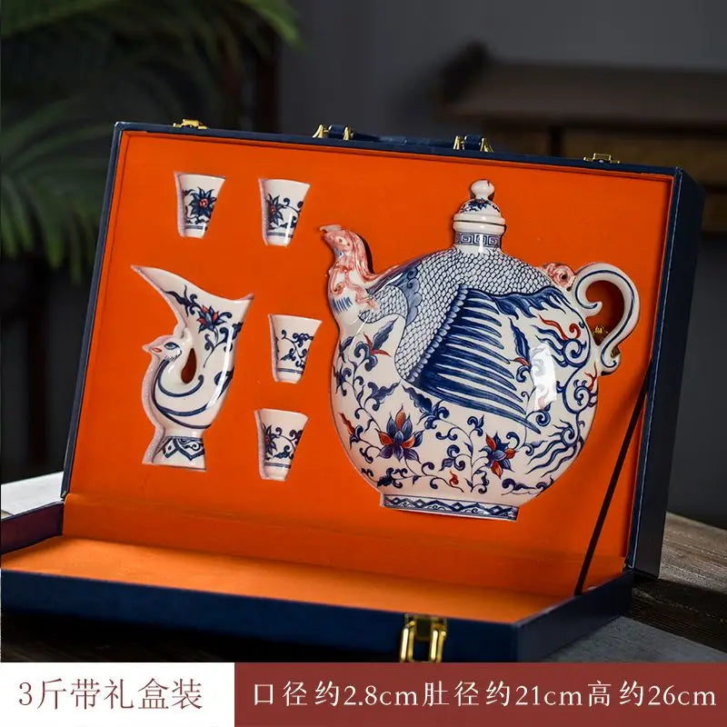 Afralia™ Vintage Ceramic Wine Pot Set, Blue and White, 3 Jin, Gift Box