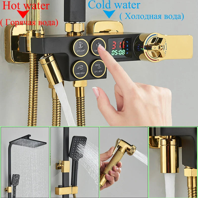 Afralia™ Smart Thermostatic Shower Faucet Set - Button Control Rainfall Bathtub Mixer