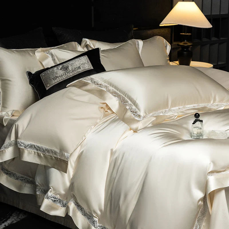 Afralia™ Luxe Brocade & Egyptian Cotton Bedding Set with Hollow Lace Edge