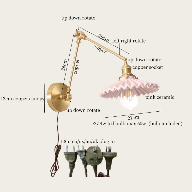 Afralia™ Cream Resin LED Wall Lights Pull Chain Switch Copper French Vintage Wandlamp