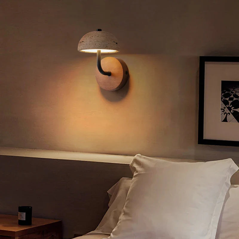 Afralia™ Vintage LED Wall Sconce Lamp Yellow Travertine Pull Chain Switch Wood Mirror Light
