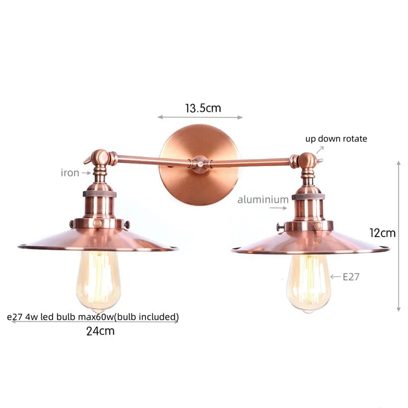 Afralia™ Industrial Retro LED Wall Lamp with Two Heads and Pull Chain Switch