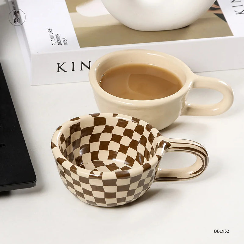 Afralia™ Retro Checkerboard Ceramic Coffee Cup - Personalised High-Looking Mug