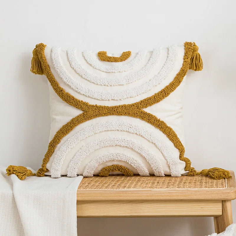 Geometric Embroidered Cotton Pillow Case with Fringed Tufting by Afralia™ for Sofa