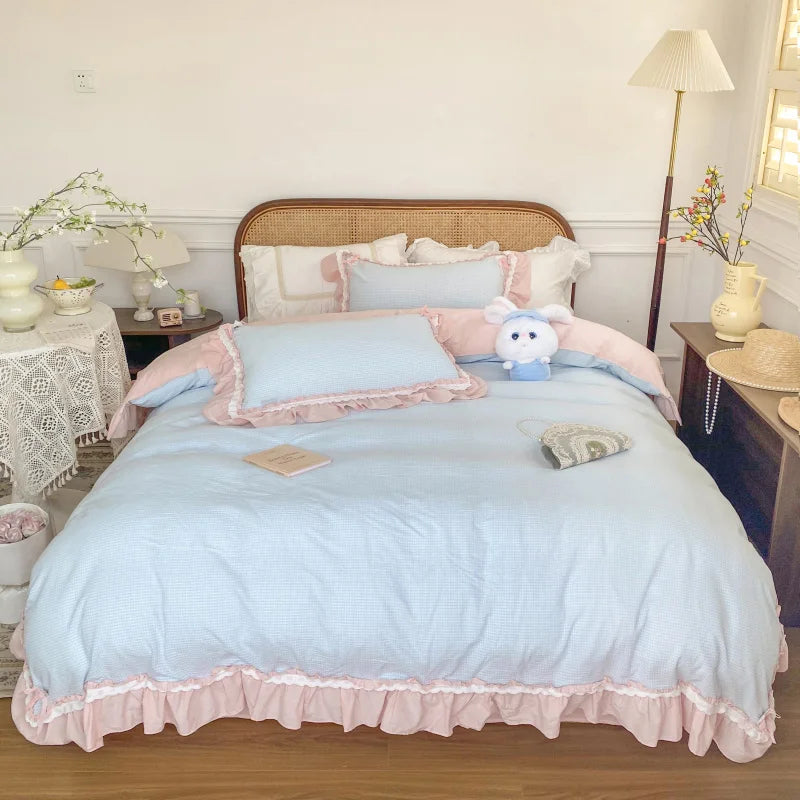 Afralia™ Blue Pink Lattice Bedding Set: Princess Ruffles Bow, 100% Cotton Quilt Cover, Sheet, Pillowcases