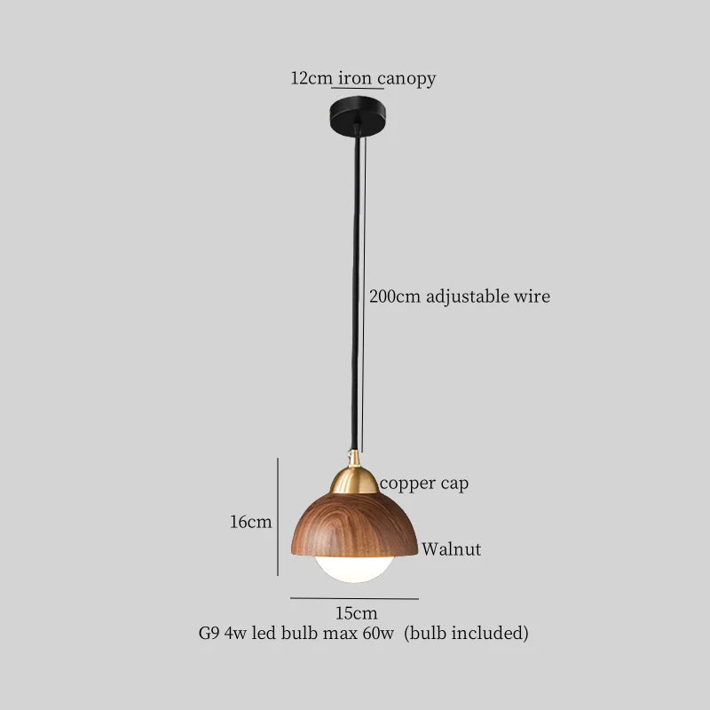 Afralia™ Japanese LED Pendant Light Vintage Style Wood Copper Hanging Lamp