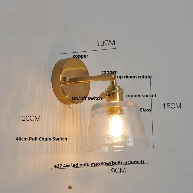 Afralia™ Clear Glass LED Wall Lights Brass E27 Pull Chain Switch Bedside Lamp