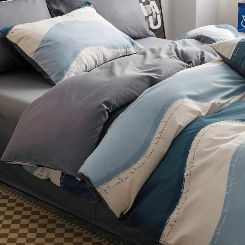 Afralia™ Pure Cotton Striped Bedding Set Duvet Cover Fitted Sheet Kit for Single/Double