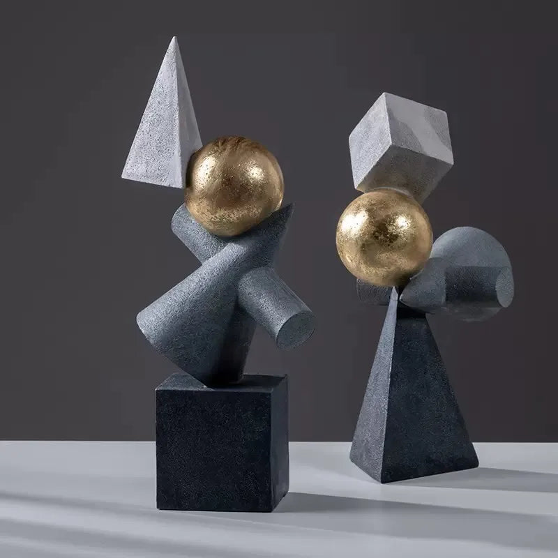 Afralia™ Geometric Gold Ball Abstract Sculpture Triangular Statues for Home Decor