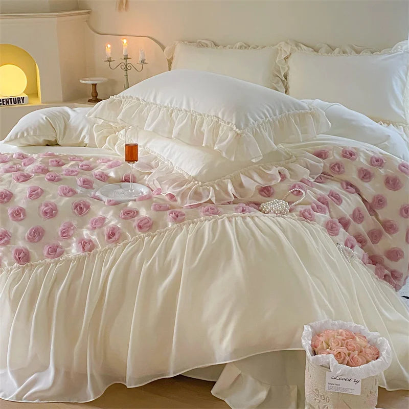 Afralia™ Romantic Rose Lace Bedding Set: Duvet Cover, Sheet, Pillowcases, Ruffles