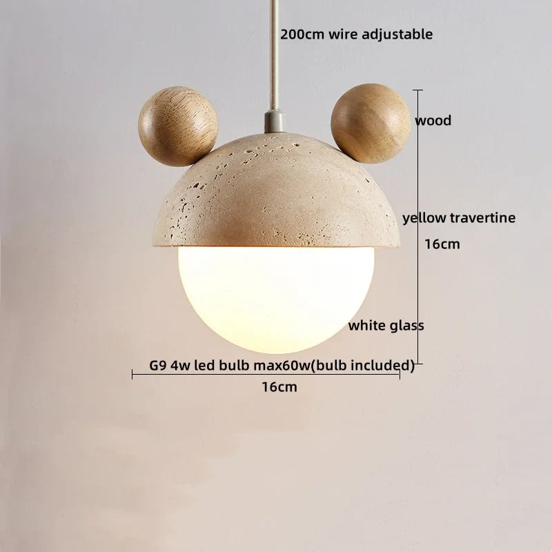 Afralia™ LED Gourd Pendant Light Fixture with Yellow Travertine and White Glass