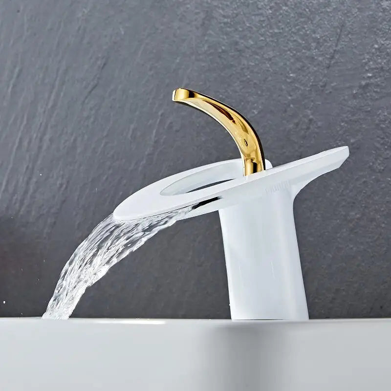 Afralia™ Golden/White & Black Waterfall Basin Faucet - Brass Sink Mixer Tap - Hot & Cold