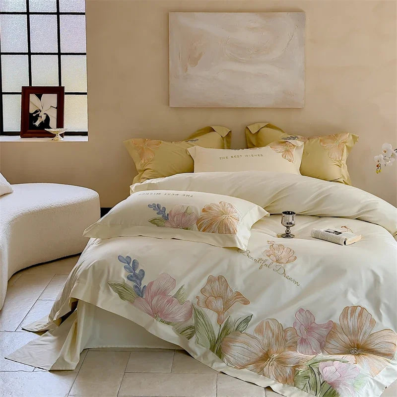 Afralia™ 100S Egyptian Cotton Embroidery Bed Linens Set for Queen King Euro Size