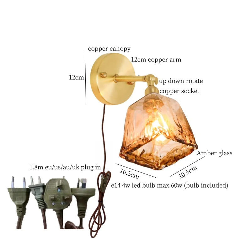 Afralia™ Glass LED Wall Sconce Bedroom Loft Bathroom Stair Light Pull Chain Copper