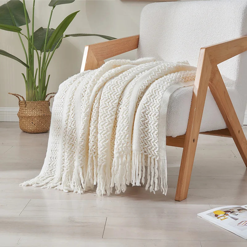 Afralia™ Knitted Tassels Blanket: Cozy Solid Color for Sofa, Bed, or Homestay