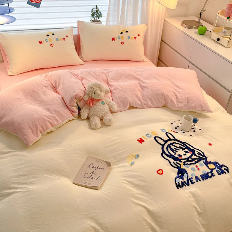 Afralia™ Cartoon Embroidered Cotton Bedding Set for King/Queen Beds
