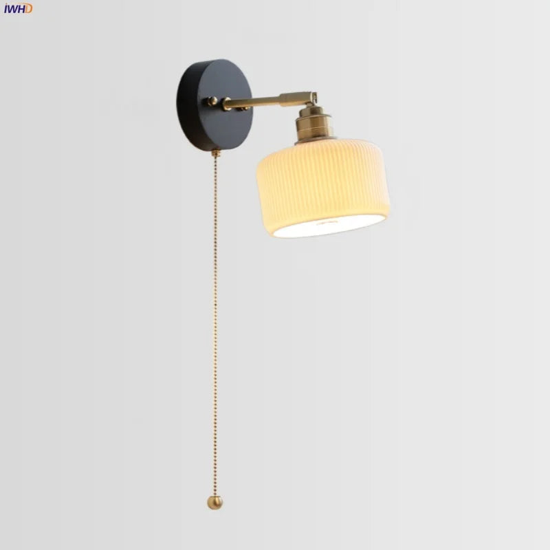 Afralia™ Copper LED Wall Lights Pull Chain Switch Modern Bedside Lamp Wood White Ceramic