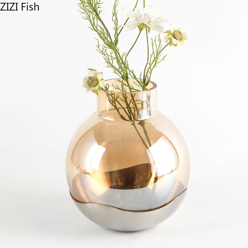 Afralia™ Amber Glass Vase Desk Decoration Round Floral Room Decor