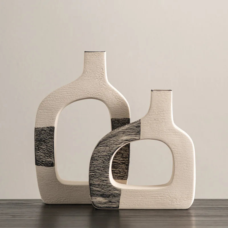 Afralia™ Geometric Stripes Ceramic Flower Vase for Home Decoration and Flower Arrangements