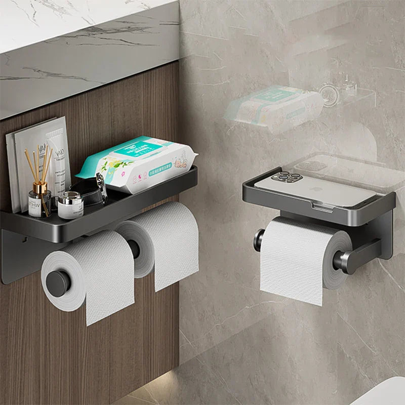 Afralia™ Wall-Mounted Toilet Paper Holder with Storage Tray and Phone Stand