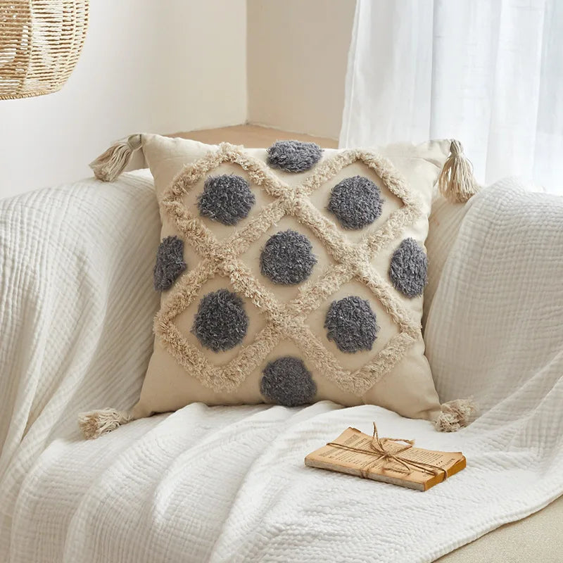 Afralia™ Geometric Tufted Tassel Cushion Cover Cotton Canvas Fall Pillow Cover