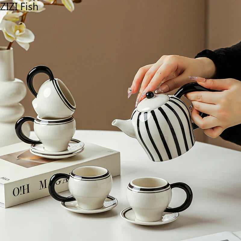 Afralia™ Striped Porcelain Tea Set: Mug, Teapot, Cup & Saucer for Dining Table & Afternoon Tea
