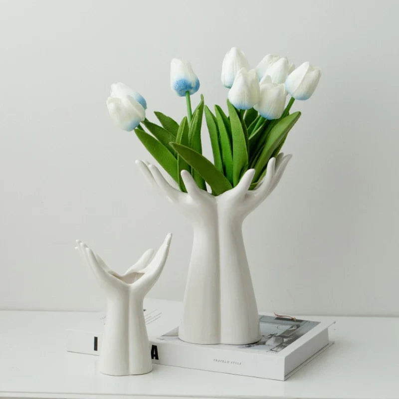 Afralia™ Ceramic Hand Bouquet Vase - Home Decor Ornaments & Flower Arrangement Accessories